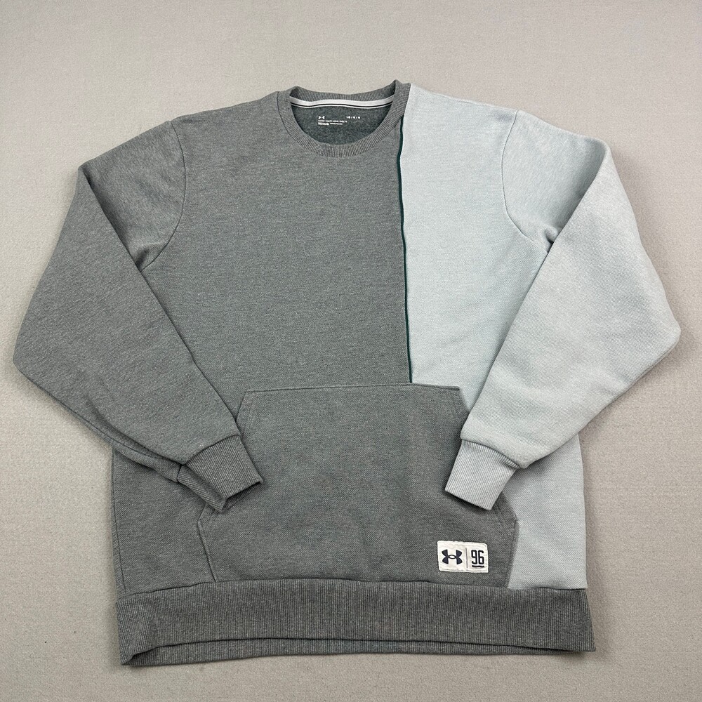 Under Armour Sweatshirt Men Large Gray Colorblock Fleece Crewneck UA 96 Pocket L